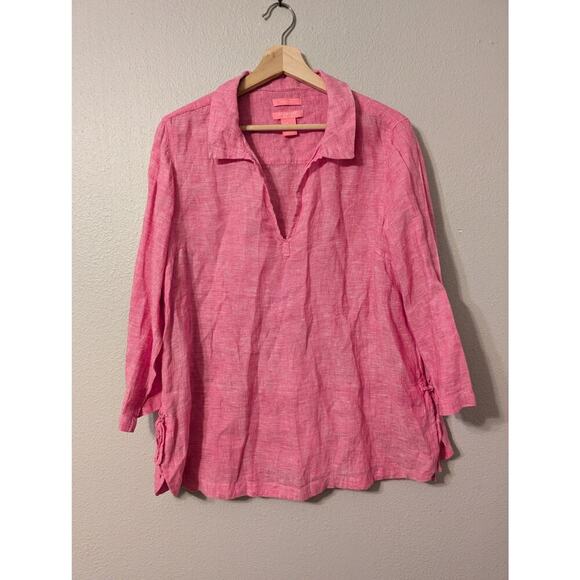 Isaac Mizrahi 100% Linen Long Sleeve Tunic Top Womens L Pink Barbiecore Collared - Picture 1 of 6